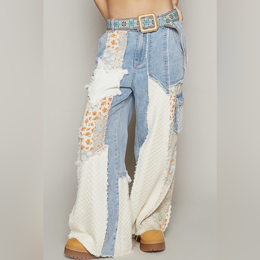 POL Patchwork Wide-Leg Jeans in Light Blue, White, Cream; Size L
